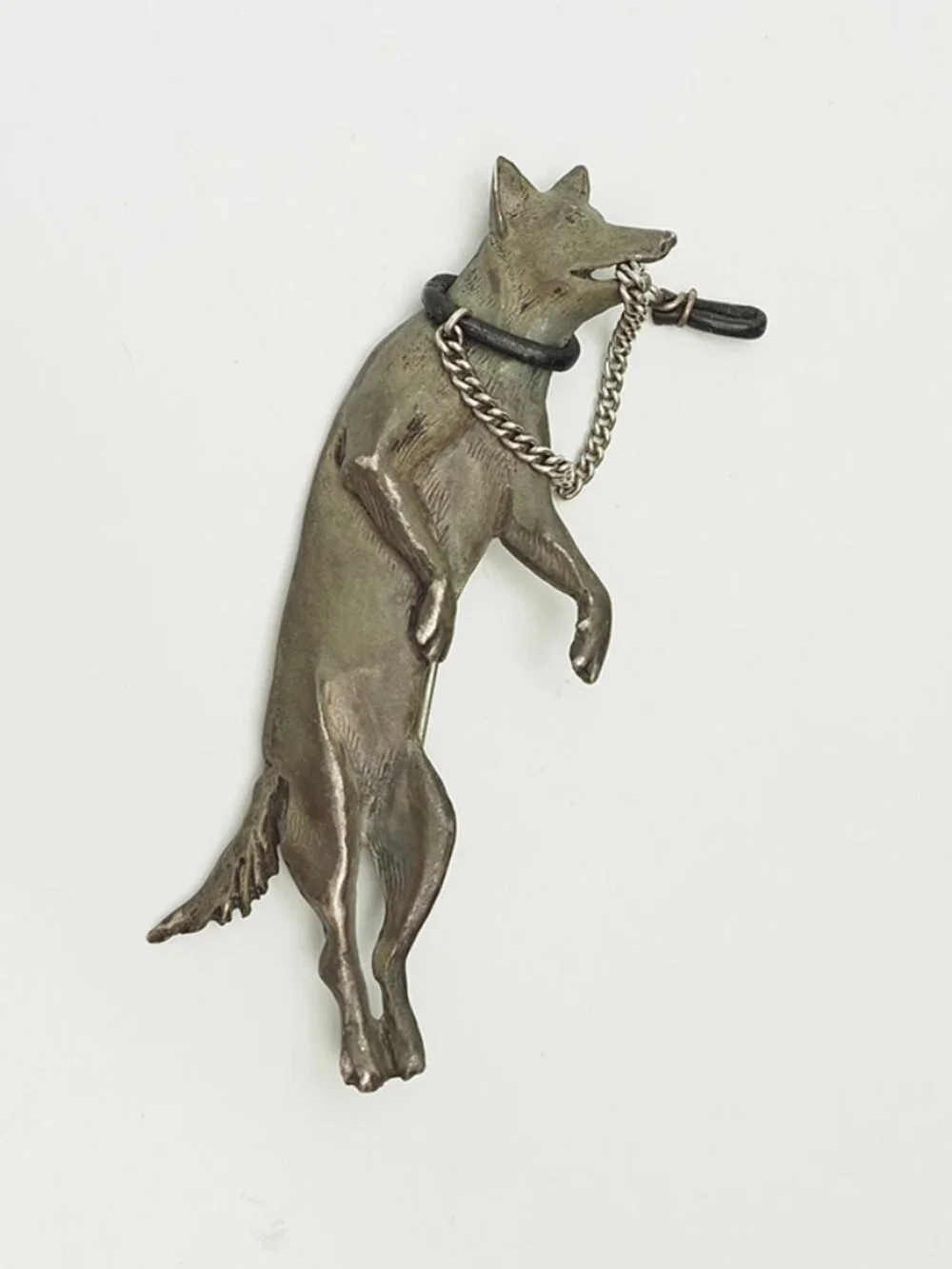 OOAK whimsical hand signed sterling silver jumping dog w leash brooch pin